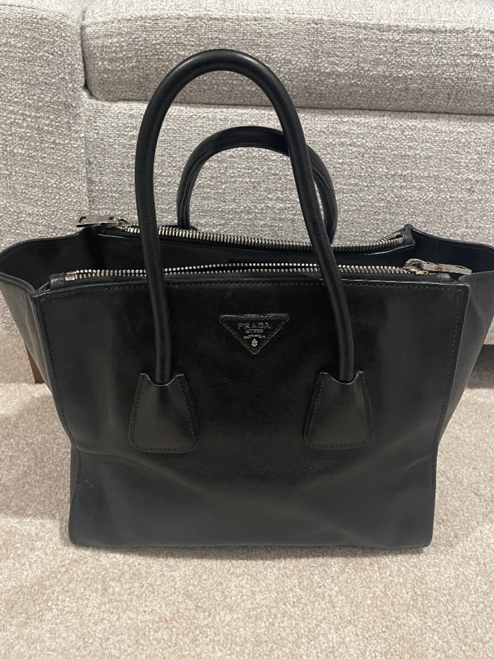 Prada Black Vitello Daino Trapeze tote